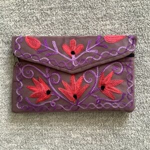 Embroidered Clutch with Red and Purple Floral Design